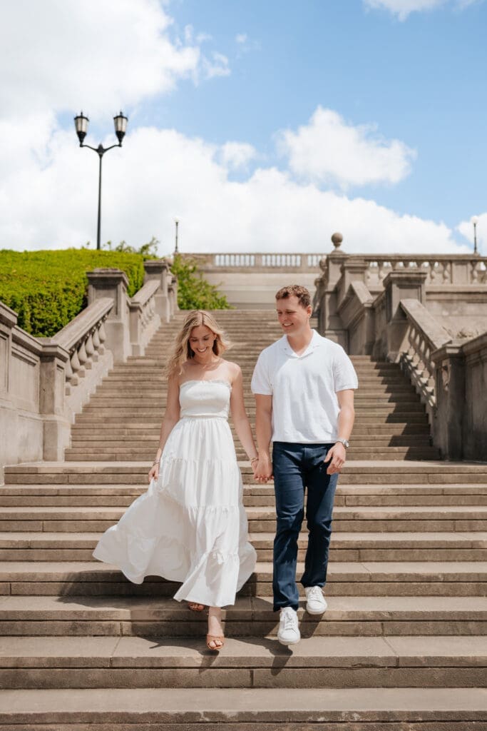 Cincinnati surprise engagement on the stairs of Ault Park Pavilion