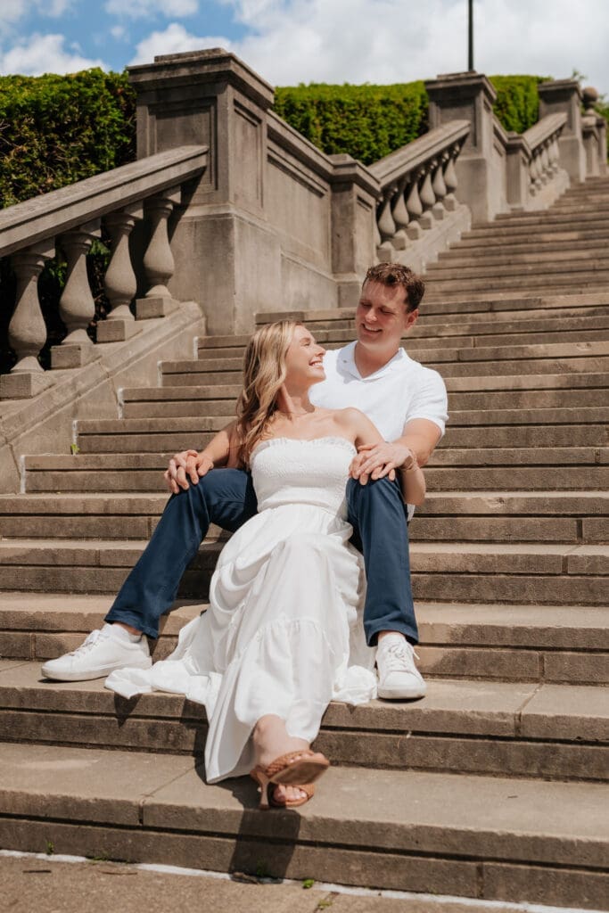 Cincinnati surprise engagement on the stairs of Ault Park Pavilion